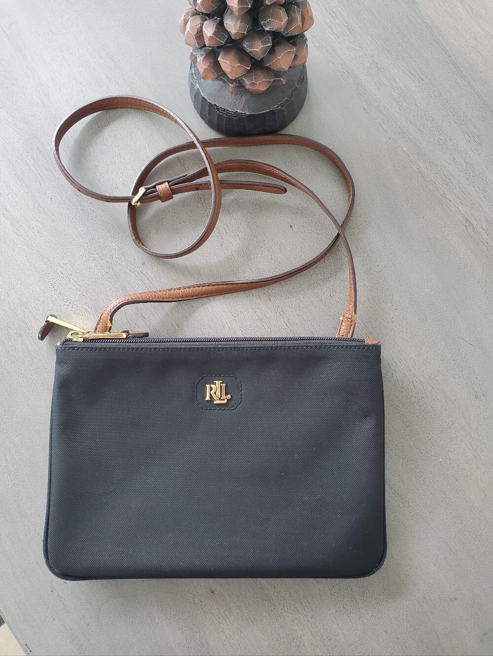 Lauren- Ralph Lauren Black Nylon Canvas Purse Double Top Zipped Compartments
